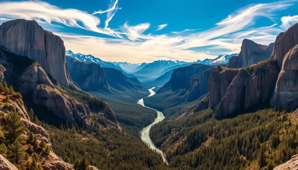 A breathtaking panorama of Kings Canyon National Park, California. In the foreground, majestic granite cliffs, carved by glaciers, rise up towards a brilliant azure sky. Wispy clouds drift overhead, casting playful shadows on the lush, verdant forests below. The middle ground reveals a sparkling, meandering river, its crystalline waters reflecting the stunning natural beauty that surrounds it. In the distance, snow-capped peaks pierce the horizon, standing as silent sentinels over this awe-inspiring landscape. The scene is bathed in warm, golden light, evoking a sense of tranquility and wonder. Capture this breathtaking moment with a wide-angle, high-resolution lens, showcasing the park's most iconic attractions in vivid detail.