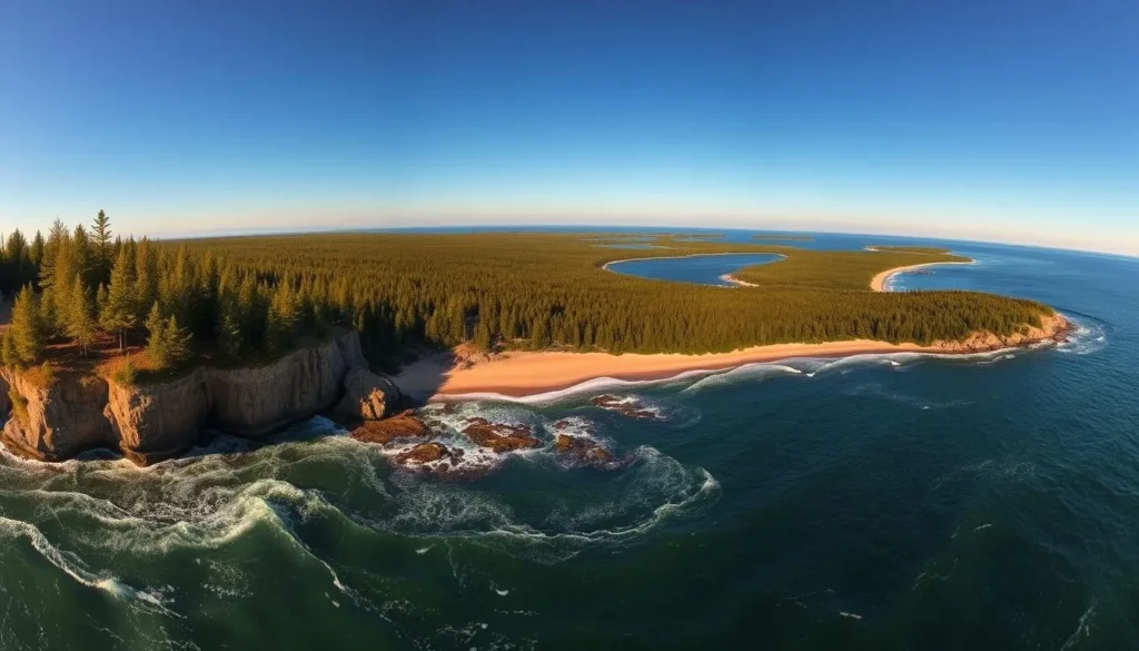 A breathtaking panorama of Lake Superior's rugged Wisconsin shoreline under a clear, azure sky. In the foreground, sun-dappled waves crash gently against a rocky outcrop, with lush pine forests lining the coast. In the middle ground, a pristine sandy beach curves gracefully, inviting exploration. In the distance, the deep blue waters of the lake stretch out to the horizon, punctuated by the silhouettes of distant islands. Warm, golden light bathes the scene, creating a serene and tranquil atmosphere. Capture the essence of this magnificent natural wonder, conveying the beauty and wonder of Wisconsin's stunning Lake Superior coastline.