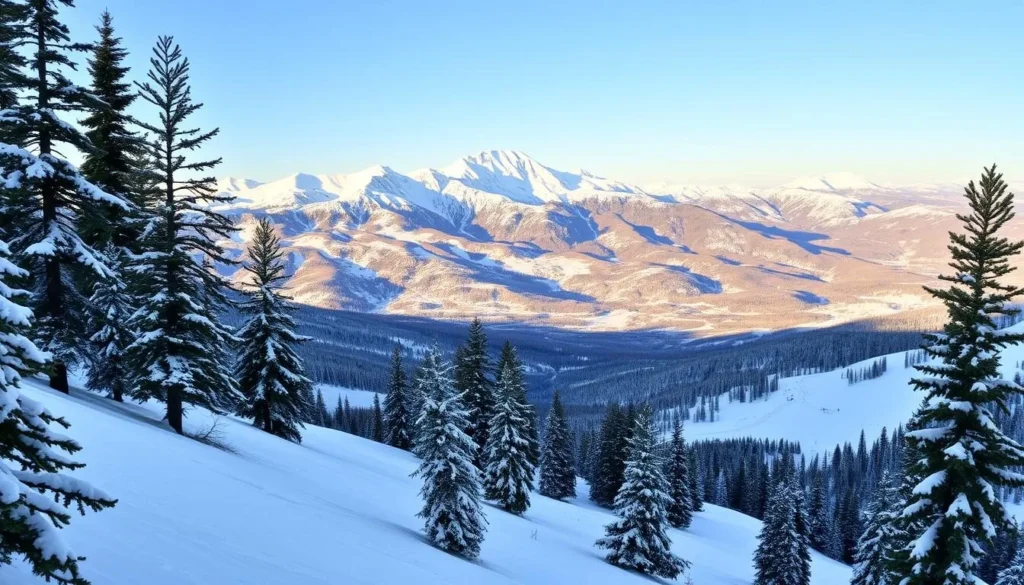 A breathtaking panorama of Powder Mountain's pristine slopes, blanketed in a pristine layer of fresh, powdery snow. In the foreground, majestic evergreen trees stand tall, their branches gently swaying in the cool mountain breeze. The middle ground showcases the resort's impeccably groomed runs, winding down the mountainside like ribbons of white. In the distance, the rugged peaks of the Wasatch Range rise majestically, their snow-capped summits glittering under the warm, golden light of the midday sun. The scene exudes a sense of tranquility and adventure, perfectly capturing the essence of the ultimate winter wonderland.