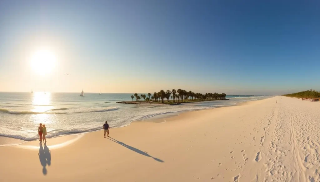 A breathtaking panorama of St. Catherines Island Beach, Georgia. The sun's golden rays paint the pristine, white sand, casting a warm glow over the tranquil waves gently lapping at the shore. In the foreground, beachgoers stroll leisurely, their silhouettes casting long shadows as they take in the serene scene. The middle ground features a picturesque line of swaying palm trees, their fronds rustling softly in the coastal breeze. In the distance, the horizon is dotted with sailboats and seabirds, creating a sense of boundless exploration and natural wonder. The entire landscape is bathed in a soft, hazy light, evoking a dreamlike, timeless quality that captures the essence of this unspoiled coastal paradise.