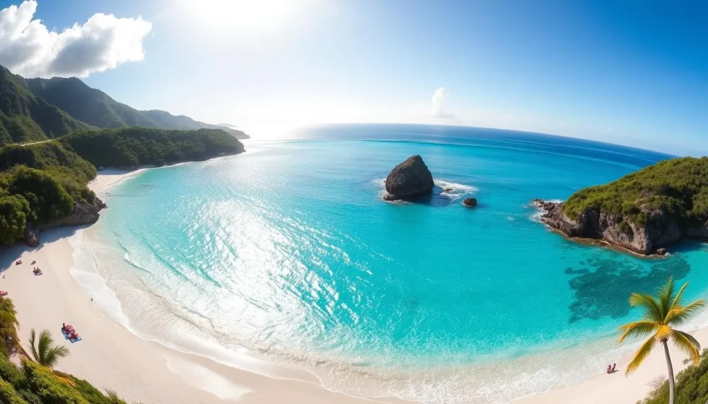 A breathtaking panorama of Trunk Bay, St. John, U.S. Virgin Islands. Pristine turquoise waters lap against a crescent-shaped white sand beach, framed by lush verdant hills. Sunlight dances across the waves, casting a warm glow over the serene tropical scene. Palm trees sway gently in the soft breeze. In the distance, a rocky headland juts into the crystal-clear Caribbean sea. Beachgoers relax on plush towels, soaking up the idyllic atmosphere. The scene exudes a sense of tranquility and natural beauty, perfectly capturing the essence of an unforgettable Trunk Bay experience.