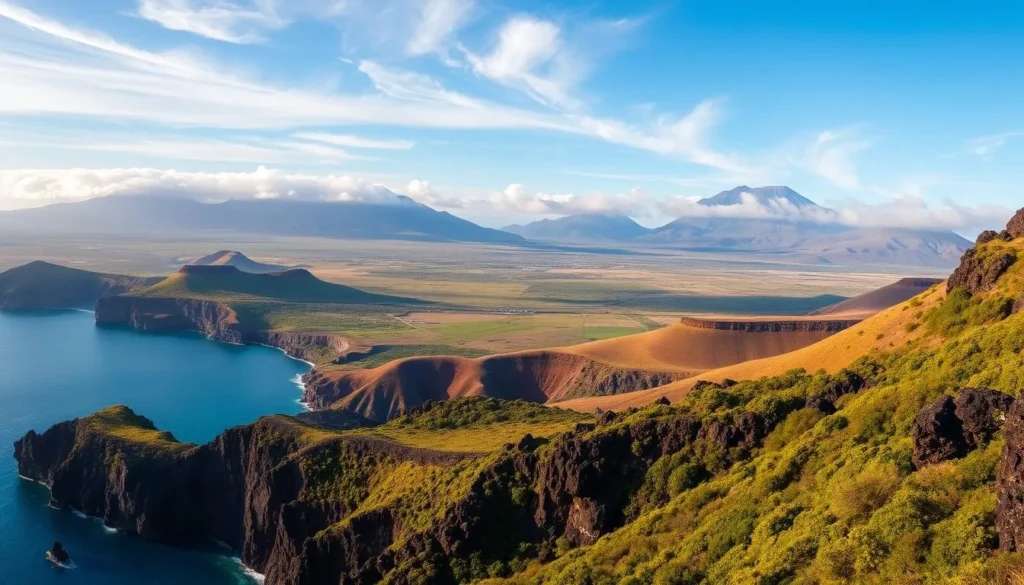 A breathtaking panorama of the Canary Islands' diverse landscapes. In the foreground, rugged volcanic cliffs plunge into azure waters, their dark, jagged edges contrasted by the soft, lush foliage cascading down their slopes. The middle ground reveals rolling hills, their undulating curves blanketed in a patchwork of lush, verdant vegetation. In the distance, majestic mountains rise, their peaks shrouded in wispy clouds, casting dramatic shadows over the terrain below. The scene is bathed in warm, golden light, creating a sense of tranquility and wonder. Capture the essence of this natural paradise, where the elements of earth, air, and sea converge in a breathtaking display of beauty and contrast.