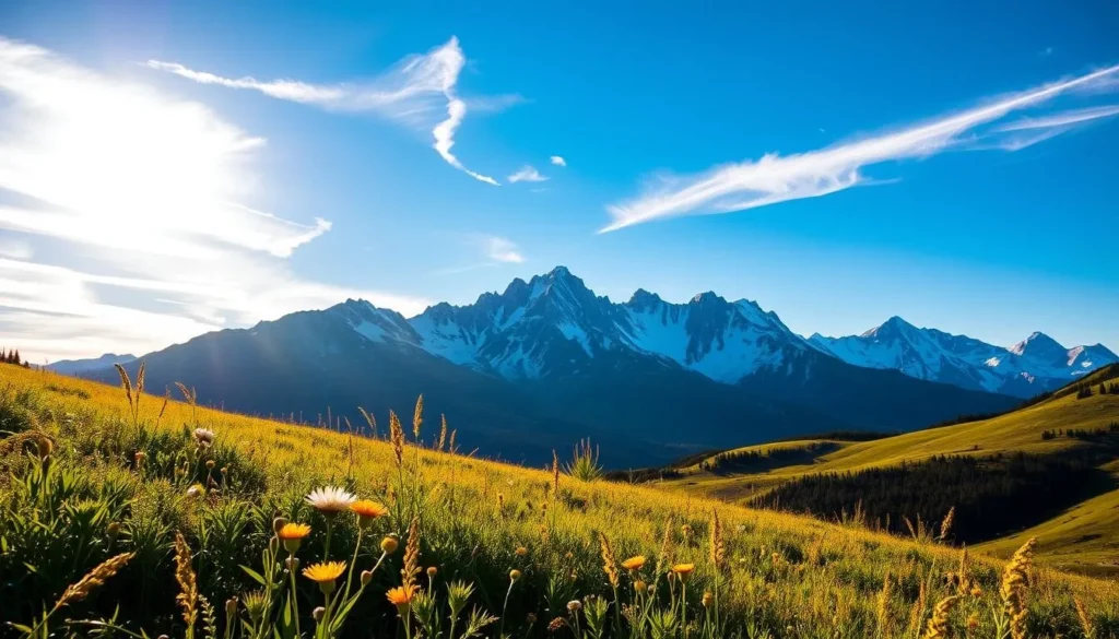 A breathtaking panorama of the Crested Butte mountains, bathed in the warm glow of a clear afternoon sun. In the foreground, a lush meadow of wildflowers sways gently in a soft breeze. The middle ground features the rugged, snow-capped peaks, their majestic silhouettes standing tall against a brilliant azure sky. Wispy clouds drift lazily overhead, casting playful shadows across the landscape. The scene exudes a sense of tranquility and wonder, inviting the viewer to immerse themselves in the unique natural beauty of this Colorado gem.