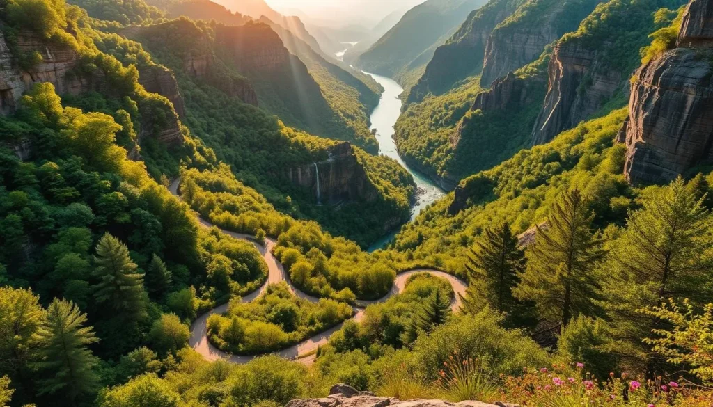 A breathtaking panorama of the New River Gorge's lush, verdant hiking trails, bathed in warm, golden sunlight. Winding pathways cut through a serene forest, leading the viewer on an enchanting journey amidst towering rock formations and cascading waterfalls. Vibrant wildflowers dot the landscape, adding pops of color to the scene. In the distance, the majestic New River winds its way through the rugged, unspoiled terrain, creating a stunning backdrop. The overall atmosphere is one of tranquility and adventure, perfectly capturing the essence of the best hiking trails in this iconic West Virginia destination.