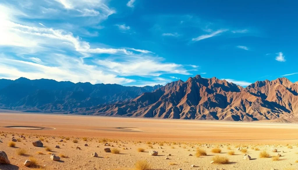 A breathtaking panoramic landscape of Death Valley National Park, California. In the foreground, a vast expanse of sun-baked desert floor, dotted with weathered rocks and sparse vegetation. In the middle ground, towering mountains rise up, their jagged peaks and canyons sculpted by centuries of wind and erosion. The sky above is a brilliant blue, with wispy clouds drifting lazily overhead, casting gentle shadows across the rugged terrain. The lighting is warm and golden, capturing the harsh beauty of this arid, otherworldly environment. The overall scene conveys a sense of serene tranquility, inviting the viewer to explore and discover the wonders of this remarkable national park.