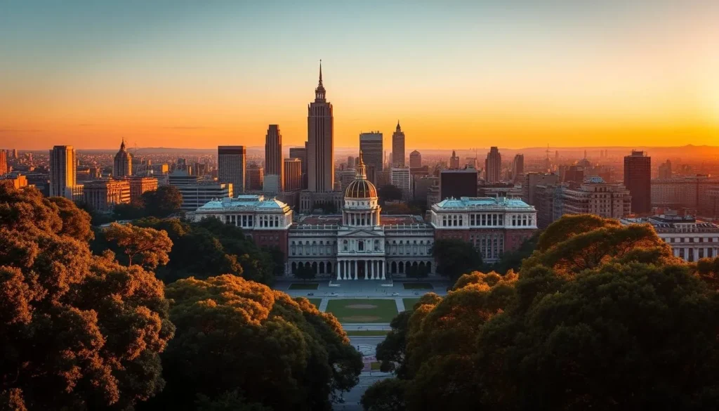 A breathtaking panoramic view of Buenos Aires' iconic skyline, bathed in the warm glow of a golden sunset. In the foreground, the lush treetops of the city's parks and plazas frame the scene, leading the eye towards the grand, French-inspired architecture of the historic center. Towering skyscrapers and elegant spires reach towards the sky, creating a striking silhouette against the vibrant, dusky hues. The image is shot with a wide-angle lens, capturing the dynamic energy and cosmopolitan spirit of this captivating "Paris of South America."