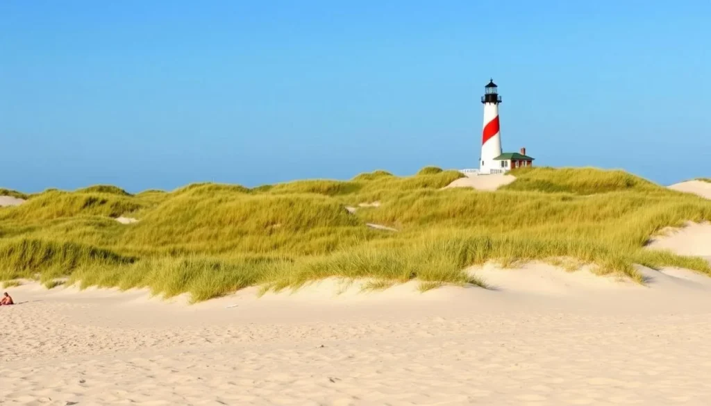 A breathtaking panoramic view of Fire Island National Seashore on a sun-drenched day. The pristine sandy beaches stretch out in the foreground, dotted with beachgoers soaking up the warm rays. In the middle ground, the rolling dunes are adorned with lush, swaying beach grass, creating a serene and natural atmosphere. The background showcases the iconic Fire Island Lighthouse standing tall, its beacon shining brightly against the clear, azure sky. The scene is bathed in a soft, golden glow, evoking a sense of tranquility and the perfect time to visit this picturesque coastal gem.