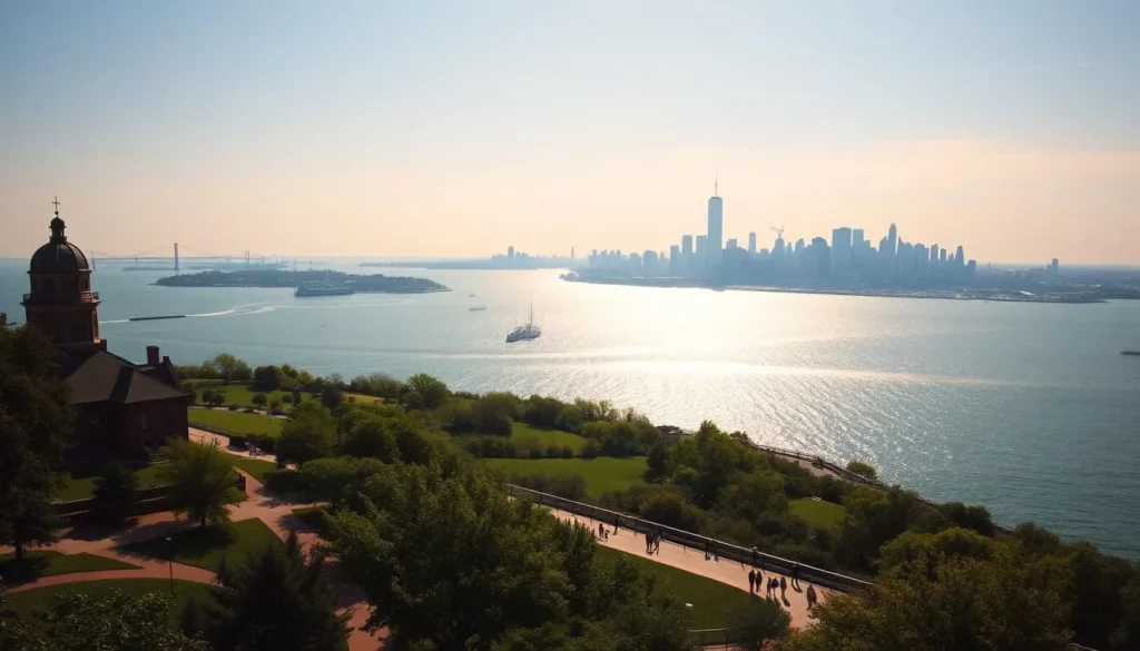 A breathtaking panoramic view of Governors Island, New York, on a sunny day. The lush green landscapes and historic buildings are framed by the sparkling waters of the harbor, with the iconic Manhattan skyline rising in the distance. A group of people stroll along the promenade, enjoying the tranquil atmosphere and stunning vistas. Soft, natural lighting illuminates the scene, casting gentle shadows and highlighting the island's charming architecture. The camera captures this idyllic setting from a slightly elevated angle, emphasizing the expansive nature of the island and its breathtaking integration with the surrounding cityscape.