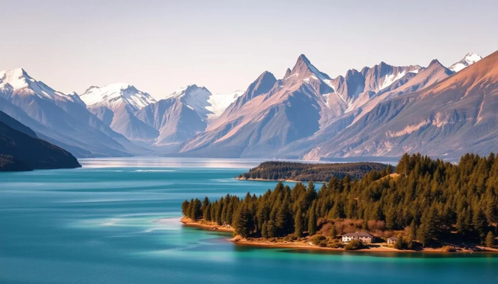 A breathtaking panoramic view of Lake Wakatipu, surrounded by the majestic Southern Alps of New Zealand. In the foreground, crystalline waters reflect the lush, verdant shores dotted with native beech trees. The middle ground features the iconic peaks of Cecil and Walter Peaks, their snow-capped summits glimmering in the warm, golden sunlight. The background showcases the rugged, jagged silhouettes of the Remarkables mountain range, creating a dramatic and awe-inspiring landscape. Captured with a wide-angle lens, the scene conveys a sense of scale and grandeur, immersing the viewer in the natural splendor of this adventure paradise.