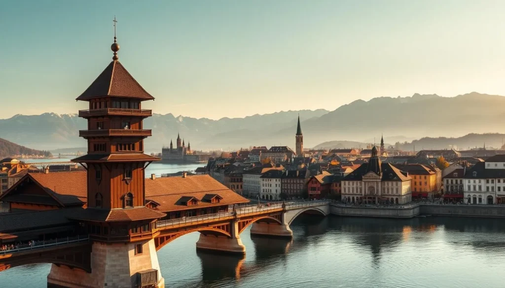 A breathtaking panoramic view of Lucerne, Switzerland, bathed in warm, golden sunlight. In the foreground, the iconic Chapel Bridge and Water Tower stand proudly, their wooden structures and ornate roofs reflected in the tranquil waters of the Reuss River. The middle ground showcases the charming old town, with its colorful facades, quaint shops, and bustling pedestrian streets. In the background, the majestic Swiss Alps rise majestically, their snow-capped peaks creating a stunning backdrop. The scene exudes a sense of timeless elegance and picturesque charm, perfectly capturing the essence of Lucerne's captivating beauty.