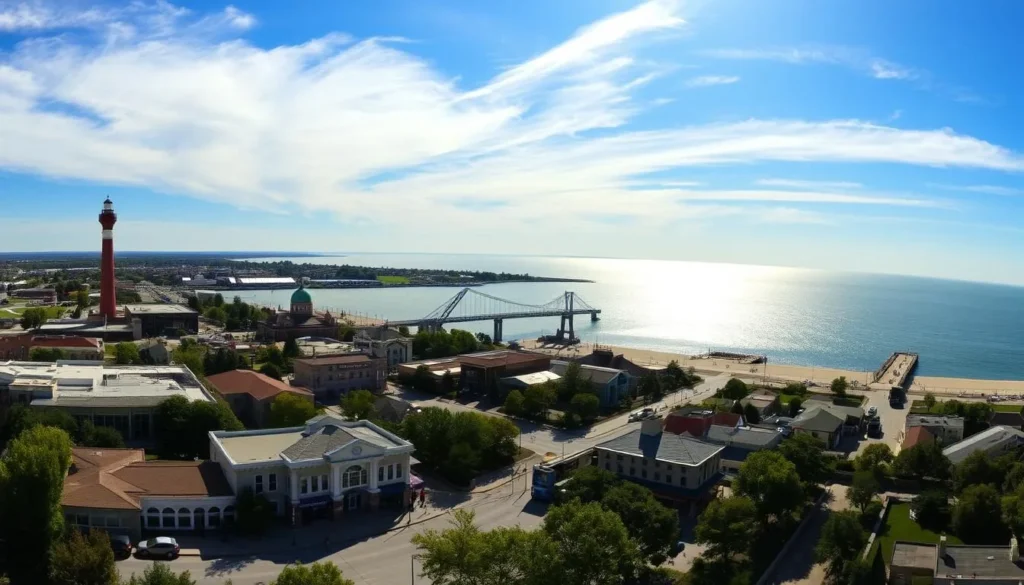 A breathtaking panoramic view of Michigan City, Indiana, with its picturesque harbor and iconic lighthouse standing tall against a vibrant sky. The serene waters of Lake Michigan glisten in the warm sunlight, inviting visitors to explore the pristine beaches and charming boardwalk. In the foreground, local attractions like the Washington Park Zoo and the Blue Chip Casino Hotel and Spa come into focus, surrounded by lush greenery and bustling pedestrian areas. The middle ground showcases the historic landmarks of the city, such as the Old Lighthouse Museum and the Lubeznik Center for the Arts, blending seamlessly with modern architecture and bustling shops. In the distance, the rolling hills and dense forests of the Indiana Dunes National Park create a breathtaking backdrop, showcasing the natural beauty that makes Michigan City a true gem of the Midwest.
