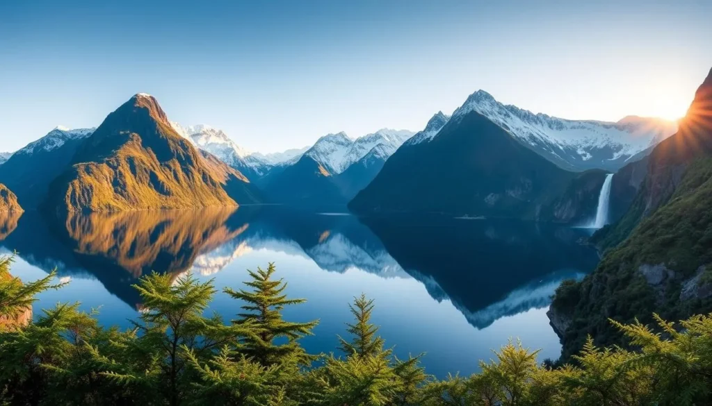 A breathtaking panoramic view of Milford Sound's dramatic cliffs and cascading waterfalls from the famous Milford Sound Viewpoint. Capture the majestic snow-capped peaks of the Fiordland National Park reflected in the still, mirror-like waters. Utilize a wide-angle lens to showcase the grandeur of the scene, with the sun's warm glow illuminating the lush, verdant foliage in the foreground. The tranquil atmosphere and serene ambiance invite the viewer to pause and immerse themselves in the natural beauty of this awe-inspiring New Zealand landscape.