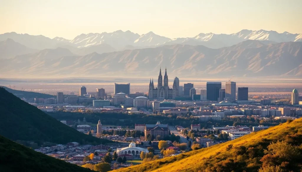 A breathtaking panoramic view of Salt Lake City, nestled amidst the majestic Wasatch Mountain range. In the foreground, lush green foothills lead the eye towards the bustling downtown skyline, its modern skyscrapers gleaming under the warm, golden sunlight. In the middle ground, the iconic Salt Lake Temple stands tall, its spires a beacon of the city's rich Mormon heritage. The background is dominated by the rugged, snow-capped peaks of the Wasatch, their rugged beauty creating a dramatic, awe-inspiring backdrop. The scene is bathed in a soft, hazy glow, capturing the unique and enchanting charm of this Western city nestled between the mountains and the Great Salt Lake.
