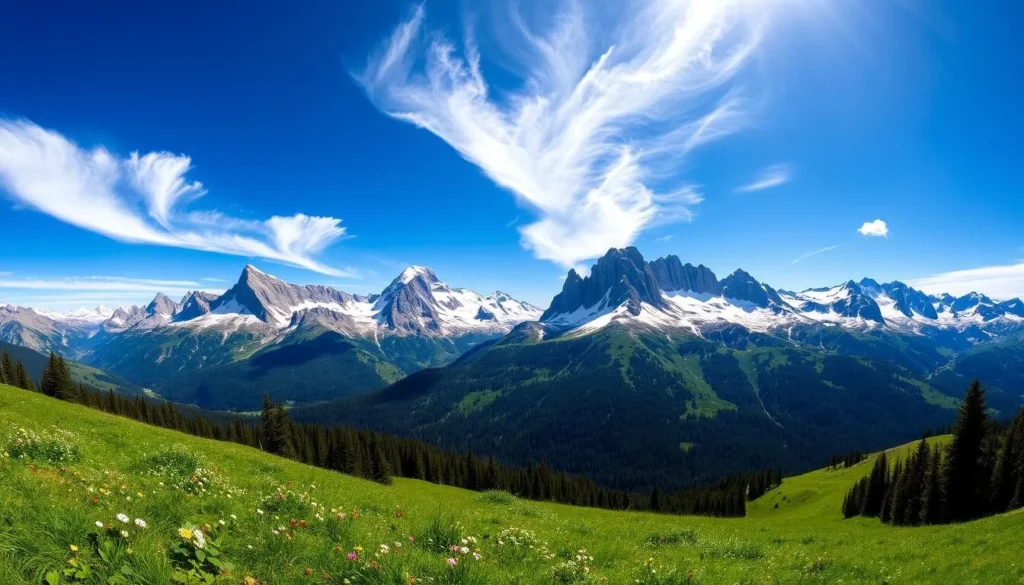 A breathtaking, panoramic view of the Austrian Alps on a clear, sunny day. In the foreground, lush, verdant meadows dotted with wildflowers sway gently in the cool mountain breeze. Towering, snow-capped peaks rise majestically in the middle ground, their rugged, jagged profiles casting long shadows across the landscape. The background is dominated by a deep blue sky, with wispy, cumulus clouds drifting lazily overhead, illuminated by the warm, golden glow of the sun. The scene is captured through a wide-angle lens, providing a sense of grand scale and immersive depth. The overall mood is one of serene, natural beauty and awe-inspiring grandeur. A breathtaking, panoramic view of the Austrian Alps on a clear, sunny day. In the foreground, lush, verdant meadows dotted with wildflowers sway gently in the cool mountain breeze. Towering, snow-capped peaks rise majestically in the middle ground, their rugged, jagged profiles casting long shadows across the landscape. The background is dominated by a deep blue sky, with wispy, cumulus clouds drifting lazily overhead, illuminated by the warm, golden glow of the sun. The scene is captured through a wide-angle lens, providing a sense of grand scale and immersive depth. The overall mood is one of serene, natural beauty and awe-inspiring grandeur.
