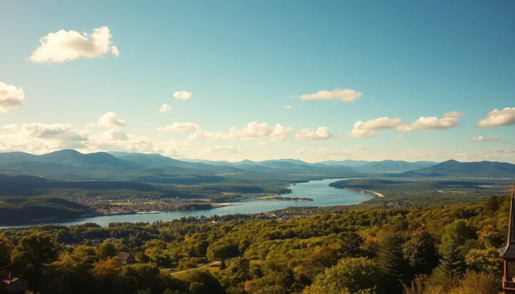 A breathtaking panoramic view of the Hudson Valley, with the majestic Catskill Mountains rising in the distance. In the foreground, a lush, rolling landscape dotted with charming historic towns and villages, their steeples and spires peeking out from among the verdant foliage. The Hudson River winds lazily through the center of the scene, its waters reflecting the azure sky and fluffy clouds above. Warm, golden sunlight bathes the entire tableau, creating a sense of tranquility and timeless beauty. A medium-format film camera captures this idyllic scene, its wide-angle lens and shallow depth of field emphasizing the depth and grandeur of the landscape.