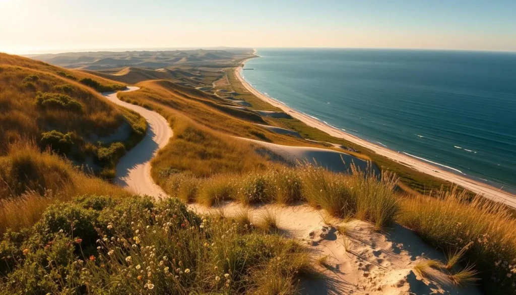 A breathtaking panoramic view of the Indiana Dunes trails, bathed in warm, golden sunlight. In the foreground, a winding path meanders through undulating sand dunes, lined with lush vegetation. The middle ground features a diverse array of wildflowers and grasses, swaying gently in the gentle breeze. In the distance, the tranquil waters of Lake Michigan glisten, with the iconic dunes rising up against the clear, azure sky. The scene is captured with a wide-angle lens, emphasizing the vast, serene landscape and the sense of adventure that beckons hikers to explore this natural wonder.
