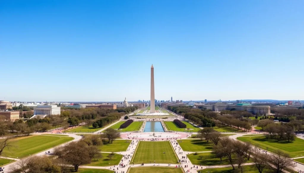 A breathtaking panoramic view of the iconic National Mall in Washington, D.C. under a clear azure sky. The majestic Washington Monument stands tall in the center, flanked by the United States Capitol building and the Smithsonian museums. Lush green lawns and meandering pathways lead visitors through this grand, historic public space, bustling with people strolling, cycling, and taking in the sights. Warm natural sunlight bathes the scene, creating a sense of tranquility and wonder. Capture the grandeur, cultural significance, and timeless beauty of this renowned American landmark.