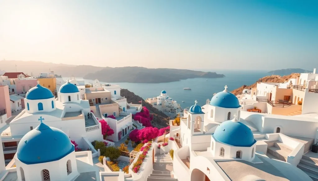 A breathtaking panoramic view of the iconic white-washed buildings and blue-domed churches of Santorini Island, perched atop the dramatic cliffs overlooking the sparkling azure waters of the Aegean Sea. Capture the quintessential Cycladic architecture in the foreground, with a middle-ground filled with quaint winding streets and lush bougainvillea-draped pathways. In the background, depict the stunning volcanic caldera and the rugged, sun-kissed landscape, bathed in warm, golden afternoon light and a clear, cloudless sky. Convey a sense of tranquility, beauty, and the timeless allure of this iconic Greek island destination.