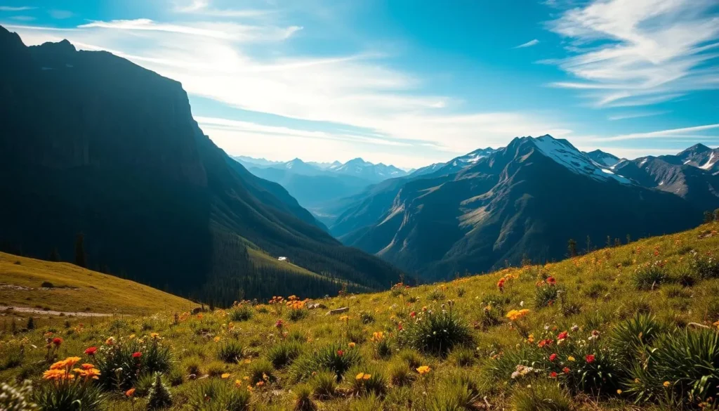 A breathtaking panoramic view of the majestic Colorado Rocky Mountains, bathed in warm afternoon sunlight. In the foreground, a lush, verdant alpine meadow dotted with vibrant wildflowers sways gently in a light breeze. The middle ground features towering granite peaks with snow-capped summits, their rugged ridges casting dramatic shadows across the landscape. In the distant background, a hazy blue sky is punctuated by wispy clouds, creating a sense of depth and scale. The scene exudes a serene, awe-inspiring atmosphere, capturing the natural beauty and grandeur of this iconic American landscape.