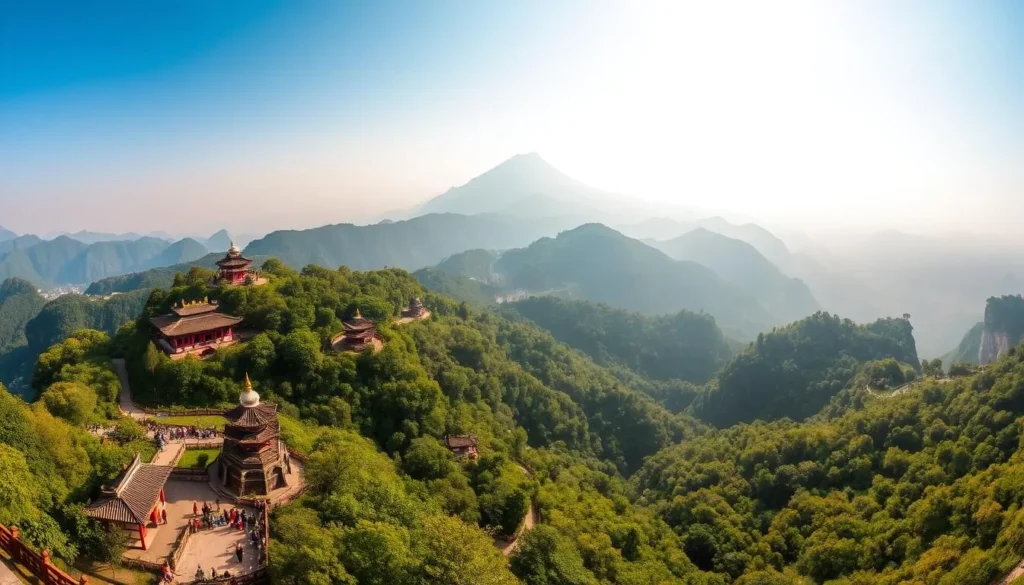 A breathtaking panoramic view of the majestic Mount Emei Scenic Area in Leshan, China. The lush, verdant forests cover the rolling hills, dotted with ancient Buddhist temples and pagodas. Sunlight filters through the canopy, casting a warm, golden glow over the serene landscape. In the distance, the iconic peak of Mount Emei rises majestically, its snow-capped summit reaching towards the azure sky. Visitors can be seen exploring the winding trails, taking in the stunning vistas and soaking in the tranquil atmosphere of this spiritual and natural wonder.
