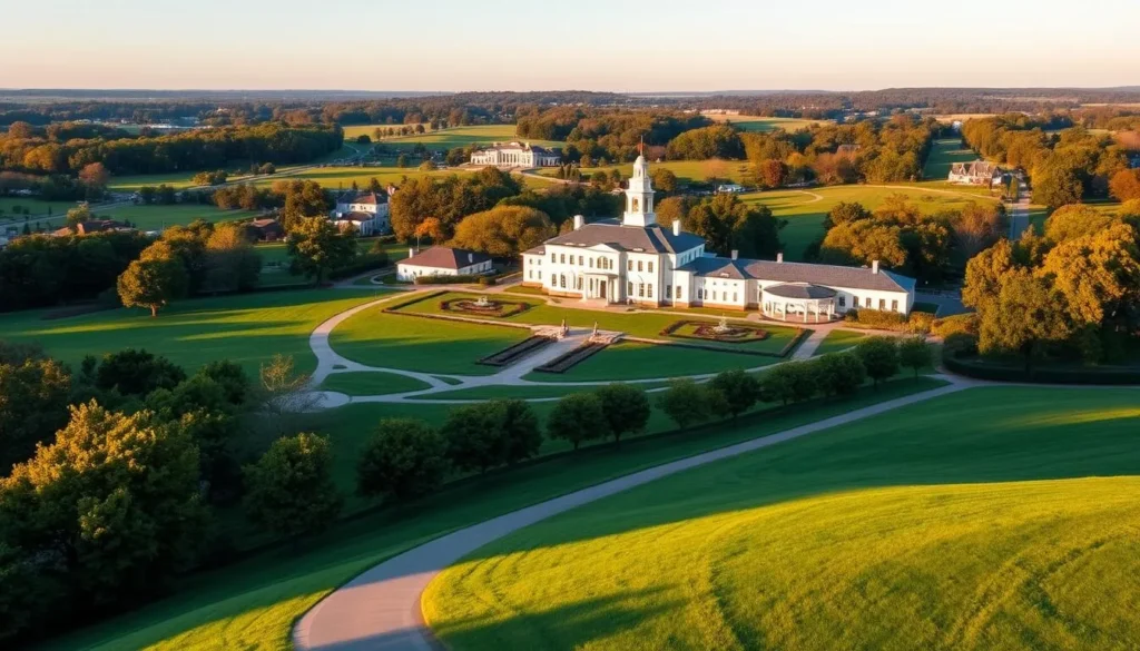 A breathtaking panoramic view of the majestic Mount Vernon estate, the historic home of George Washington, nestled amidst lush, rolling hills on the banks of the Potomac River. The grand, stately mansion stands proudly, its white clapboard facade and iconic cupola gleaming in the warm, golden sunlight. Expansive, well-manicured grounds surround the estate, dotted with stately trees and elegant gardens. In the foreground, a tranquil path winds through the verdant landscape, inviting visitors to explore the grounds and discover the rich history of this iconic American landmark. The scene radiates a sense of timeless elegance and national pride.