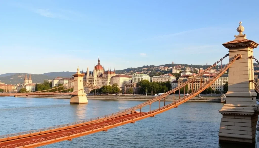 A breathtaking panoramic view of the picturesque city of Budapest, Hungary. In the foreground, the iconic Chain Bridge spanning the serene waters of the Danube River, with its ornate stone pillars and elegant design. In the middle ground, the majestic Buda Castle and the twin-spired Matthias Church, their intricate architecture bathed in warm, golden light. In the background, the rolling hills and lush green trees of the Buda Hills, creating a serene and tranquil atmosphere. The scene is captured with a wide-angle lens, showcasing the city's charming blend of history, architecture, and natural beauty. The overall mood is one of awe and wonder, inviting the viewer to discover the captivating charm of Hungary.