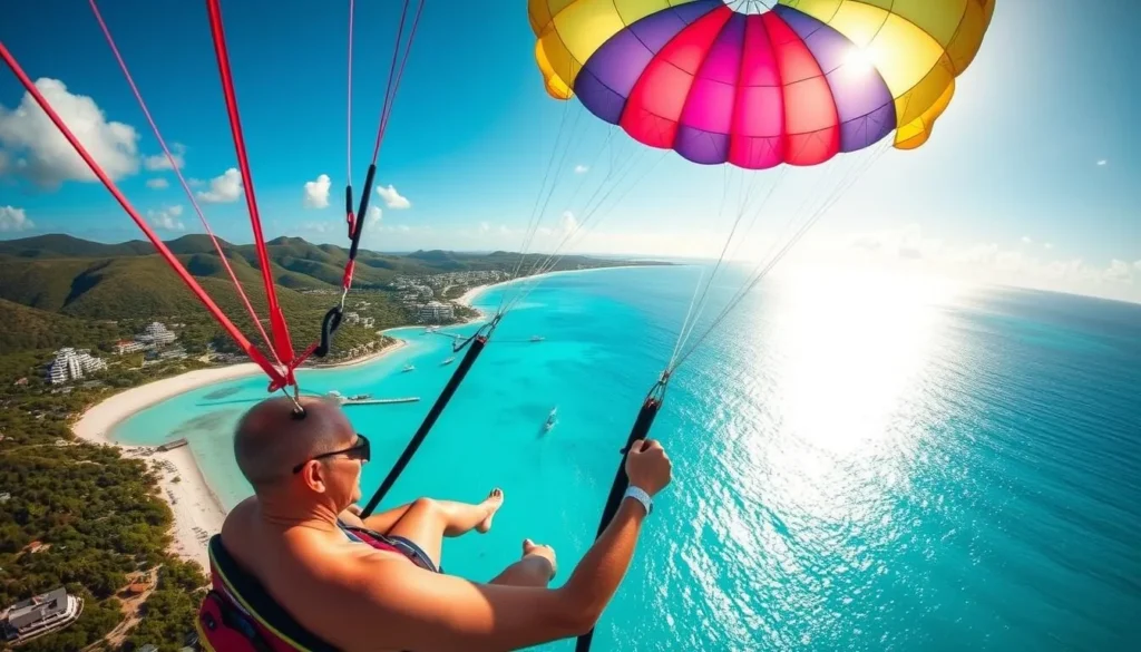 A breathtaking parasailing adventure over the shimmering turquoise waters of Bermuda's pristine coastline. Capture the thrill of soaring high above the island's iconic pink sand beaches, framed by lush green hills and a brilliant azure sky. Utilize a wide-angle lens to showcase the expansive vistas, with the parasail's colorful canopy billowing gracefully in the gentle tradewinds. Bathe the scene in warm, natural sunlight that dances across the glistening waves below. Convey a sense of exhilaration and freedom, as the parasailer glides effortlessly over this tropical paradise.