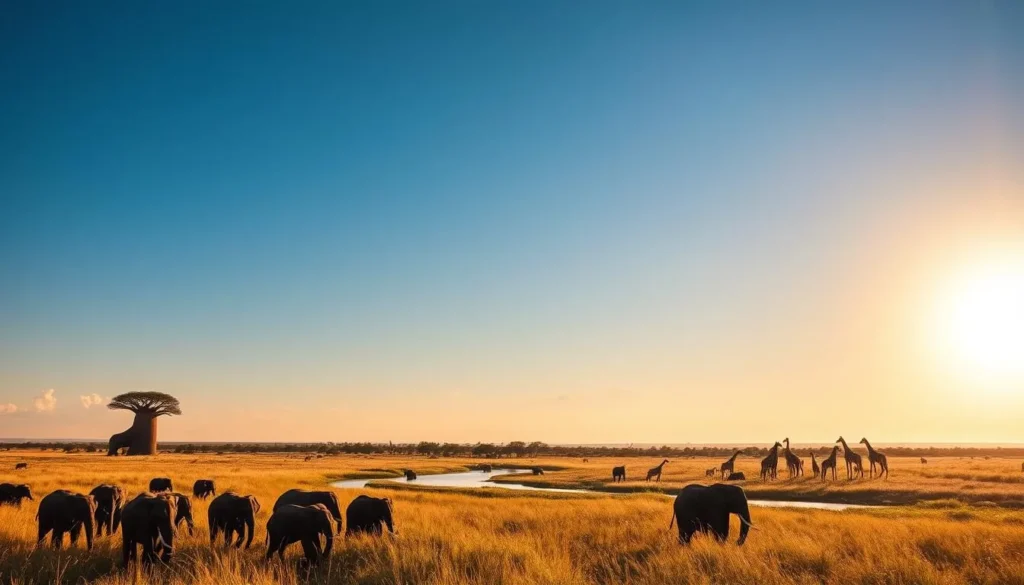 A breathtaking savanna landscape in Botswana, with a herd of elephants grazing peacefully in the foreground. Tall, lush grass sways gently in the warm breeze, and in the distance, a majestic baobab tree stands tall against a cloudless azure sky. The sun casts a golden glow, illuminating the scene with a sense of tranquility and adventure. A family of giraffes emerges from the treeline, their long necks gracefully reaching for the treetops. In the middle ground, a winding river reflects the surrounding beauty, its waters shimmering invitingly. This is a landscape teeming with the raw, untamed essence of the African wild, ready to be explored by the intrepid adventurer.