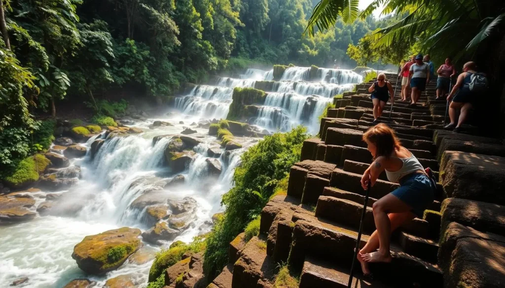 A breathtaking scene of Dunn's River Falls in Jamaica, where adventurous visitors ascend the cascading terraces, their hands and feet gripping the natural rock formations. Sunlight filters through the lush foliage, casting a warm glow on the cascading waters. In the foreground, hikers carefully navigate the slippery, moss-covered stones, their expressions focused as they climb higher. The middle ground reveals the full majesty of the falls, with multiple tiers of rushing water and verdant, tropical vegetation lining the banks. In the background, the lush, green forest canopy frames the scene, creating a sense of immersion in the natural wonder. The overall mood is one of exhilaration, challenge, and the joy of conquering this iconic natural landmark.