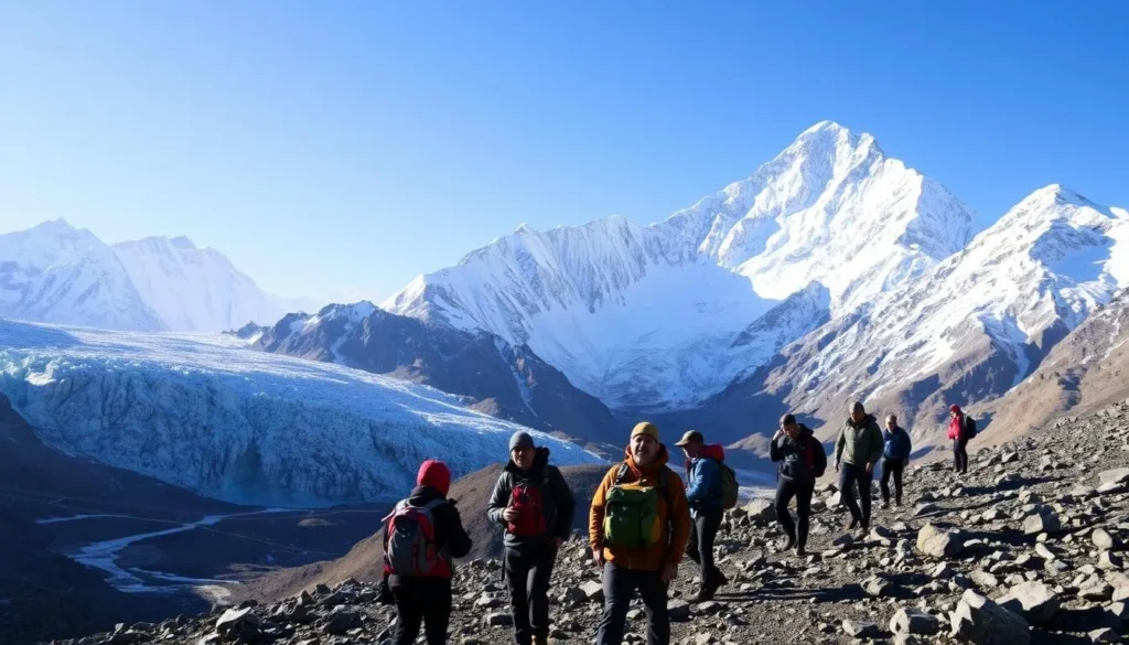 A breathtaking scene of Everest Base Camp during the trekking season. In the foreground, a group of adventurous hikers navigates the rugged terrain, their backpacks and hiking gear visible. The middle ground features the iconic Khumbu Icefall, its massive glaciers and seracs glimmering under the warm, natural lighting. In the background, the majestic Himalayan peaks, including the mighty Everest, tower over the landscape, their snow-capped summits reaching towards the clear, azure sky. The overall atmosphere conveys a sense of awe, adventure, and the grandeur of nature.