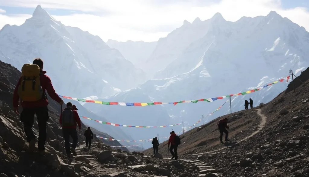 A breathtaking scene of Everest Base Camp trekking unfolds, with snow-capped peaks towering majestically in the background. Rugged trails wind through the foreground, dotted with trekkers navigating the challenging terrain, their backpacks and hiking gear visible. In the middle ground, traditional Tibetan prayer flags flutter in the crisp, alpine breeze, adding a sense of cultural richness to the landscape. The lighting is soft and natural, casting a warm glow over the scene and creating a serene, awe-inspiring atmosphere. The overall composition captures the grandeur and adventure of the Everest Base Camp experience, inviting the viewer to embark on an unforgettable journey.