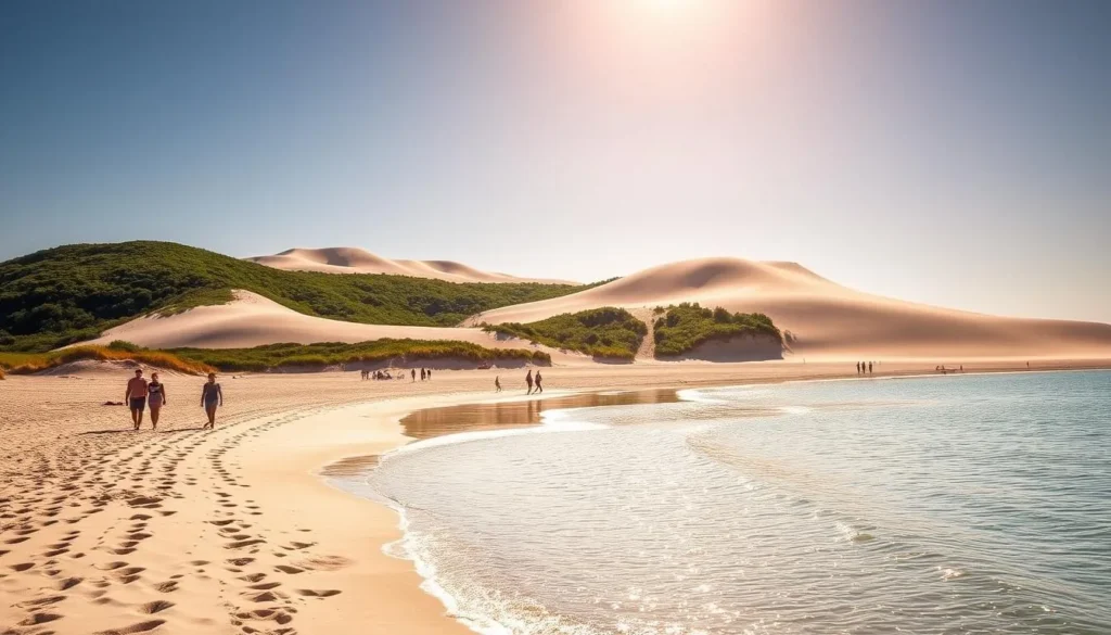 A breathtaking scene of Lake Michigan's sandy beach in Indiana Dunes State Park. The warm sun casts a golden glow over the undulating dunes, their slopes dotted with lush greenery. In the foreground, beachgoers leisurely stroll along the water's edge, their footprints leaving a trail in the fine, powdery sand. The crystalline waves of the lake gently lap at the shore, their calming rhythm inviting visitors to dip their toes and refresh themselves on this idyllic summer day. Overhead, a cloudless azure sky stretches as far as the eye can see, completing the tranquil and serene atmosphere.