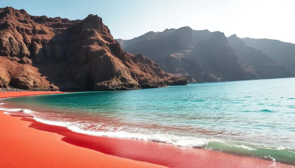 A breathtaking scene of Santorini's iconic Red Beach, where the deep crimson volcanic sand contrasts stunningly with the turquoise Aegean waters. Rugged cliffs tower in the background, casting dramatic shadows across the tranquil shore. Soft, diffused sunlight bathes the scene, creating a warm, inviting atmosphere. In the foreground, gentle waves lap at the sand, inviting visitors to stroll along the picturesque coastline. The overall mood is one of serenity and natural beauty, perfectly capturing the essence of Santorini's most vibrant and unique beach.