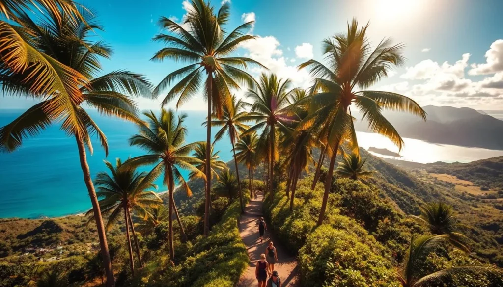 A breathtaking scene of a lush, verdant hike on the picturesque Petite Martinique island. Towering palm trees sway gently in the warm Caribbean breeze, casting dappled shadows on the winding trail below. In the distance, the azure waters of the Atlantic Ocean glisten under the golden rays of the sun. Hikers make their way along the path, taking in the stunning vistas of the island's rugged coastline and rolling hills. The atmosphere is one of tranquility and natural beauty, inviting the viewer to join in the serene exploration of this tropical paradise.