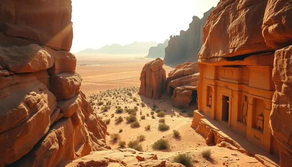 A breathtaking scene of ancient Nabatean petroglyphs carved into the sandstone walls of Wadi Rum, Jordan. The warm, golden sunlight filters through the rugged cliffs, casting dramatic shadows and highlighting the intricate rock art. In the foreground, enigmatic symbols and figures emerge from the stone, a testament to the rich cultural heritage of the region. The middle ground features the vast, rolling desert landscape, with towering rock formations and scattered bushes adding depth and texture. In the background, the horizon is dominated by the majestic, jagged peaks of the Rum mountains, creating a stunning natural backdrop for this archaeological marvel. The overall mood is one of serene contemplation, inviting the viewer to step back in time and connect with the timeless essence of this remarkable place.