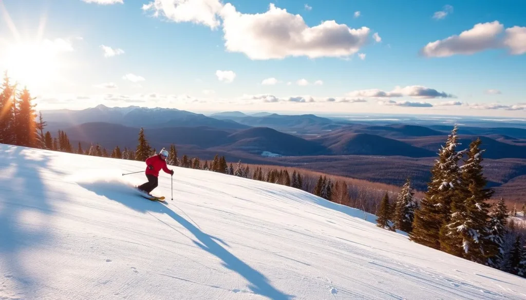 A breathtaking scene of spring skiing at Sugarloaf Mountain, Maine. In the foreground, a skier gracefully glides across a pristine, sun-kissed slope, their skis carving effortless turns through the soft, slush-covered snow. The middle ground reveals a picturesque mountain landscape, with towering peaks and dense, evergreen forests bathed in warm, golden light. In the background, a clear, azure sky stretches out, dotted with fluffy, white clouds. The overall atmosphere exudes a sense of tranquility and adventure, perfectly capturing the essence of late-season skiing in this beloved New England destination.
