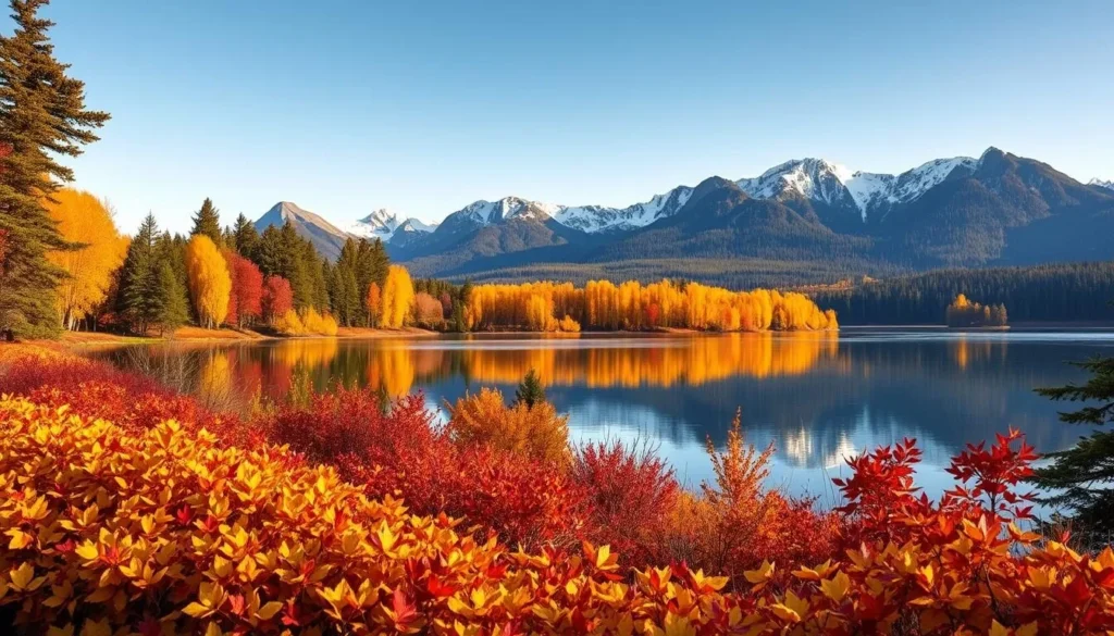 A breathtaking scene of vibrant fall foliage surrounding the serene waters of Big Bear Lake. The foreground features a lush carpet of golden and crimson leaves, gently blanketing the shoreline. In the middle ground, the tranquil lake reflects the colorful trees that line its banks, creating a mesmerizing mirror-like effect. The background is dominated by majestic mountains, their peaks dusted with a hint of snow, providing a stunning contrast to the warm autumnal hues. Soft, diffused sunlight bathes the entire landscape, casting a warm, inviting glow and accentuating the rich, saturated colors. The scene conveys a sense of peaceful solitude, inviting the viewer to immerse themselves in the natural beauty of this idyllic setting.