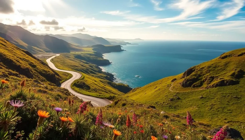 A breathtaking scenic drive along the rugged coastline of the Isle of Mull, Scotland. The narrow road winds through lush, verdant hills, offering panoramic vistas of the shimmering azure waters of the Sound of Mull. In the distance, the silhouettes of distant mountains rise majestically against a clear, azure sky. Sunlight filters through wispy clouds, casting a warm, golden glow over the picturesque landscape. The foreground is dotted with vibrant wildflowers, adding a burst of color to the serene scene. The entire composition evokes a sense of tranquility and natural wonder, inviting the viewer to immerse themselves in the breathtaking beauty of this remote Scottish island.