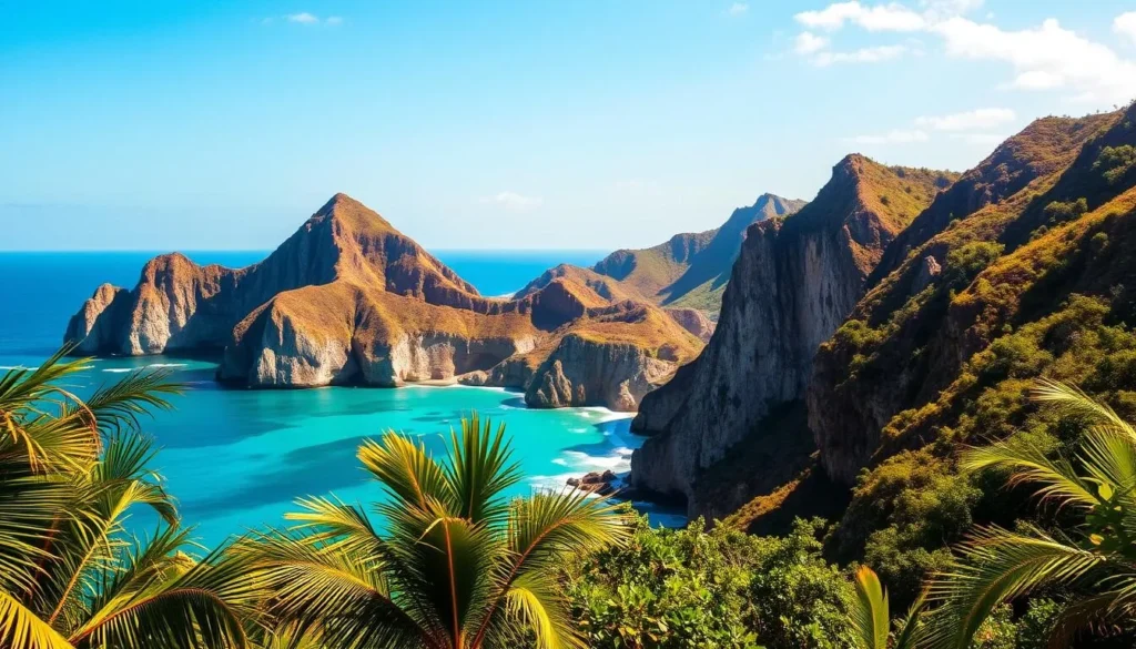 A breathtaking scenic view of the iconic Negril Cliffs in Jamaica, bathed in warm, golden afternoon sunlight. The dramatic limestone cliffs rise majestically from the turquoise Caribbean waters, their rugged edges casting dramatic shadows. In the foreground, lush tropical foliage frames the scene, swaying gently in a light breeze. The clear sky overhead is a vibrant, cloudless blue, creating a sense of tranquility and serenity. The overall mood is one of natural beauty, inviting the viewer to imagine the perfect time to visit this stunning coastal destination.