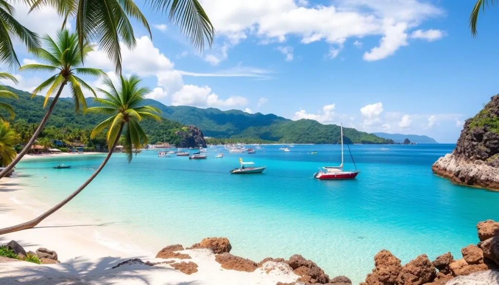 A breathtaking seascape of Puerto Galera, Mindoro Island, Philippines on a picturesque sunny day. The crystal-clear turquoise waters of the tranquil bay are framed by lush, verdant hills in the background. Vibrant boats dot the harbor, their colorful sails catching the warm breeze. Coconut palms sway gently, creating a serene, tropical atmosphere. In the foreground, a pristine white-sand beach invites visitors to relax and soak up the stunning natural beauty. Dramatic rocky cliffs and hidden coves hint at the diverse landscapes waiting to be explored. The scene is bathed in soft, golden light, creating a magical, postcard-worthy vista.