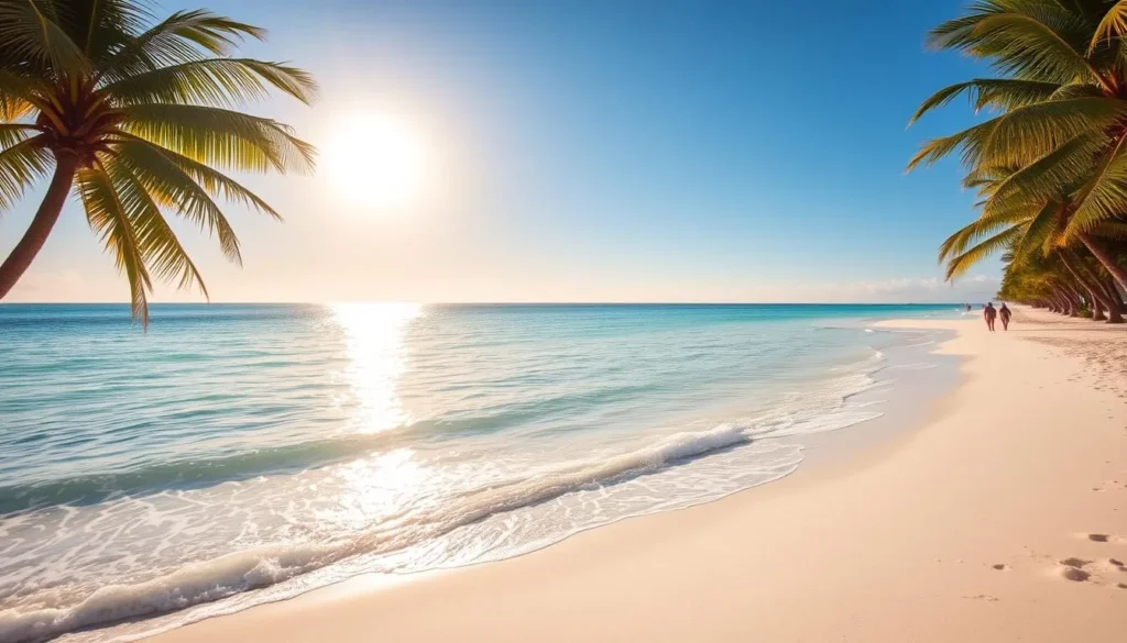 A breathtaking seascape of the pristine, turquoise waters of Long Beach, Turks and Caicos. The sun's golden rays dance across the gently lapping waves, casting a warm, inviting glow. In the foreground, fine, powdery white sand stretches out, inviting visitors to sink their toes and bask in the tranquility. Towering palm trees sway in the light breeze, creating a tropical ambiance. The middle ground features a few beachgoers strolling along the shore, their figures silhouetted against the stunning backdrop. In the distance, the horizon blends seamlessly with the crystal-clear sky, creating a sense of limitless serenity. This image captures the essence of the unspoiled, idyllic beaches that define the natural beauty of South Caicos.
