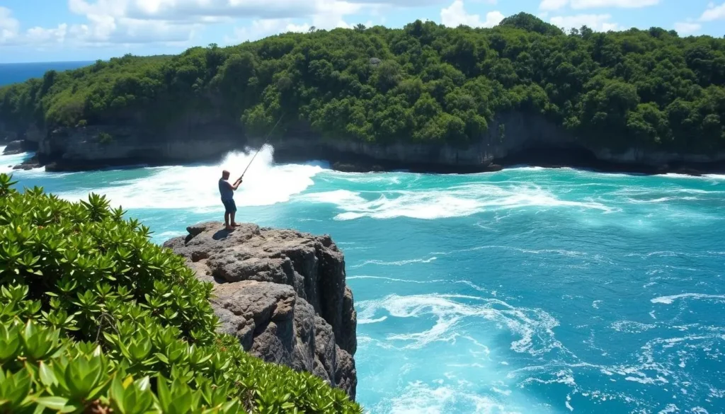 A breathtaking seaside cliff on a sunny day, with a lone fisherman standing on a rocky outcrop, expertly casting his line into the turquoise waters below. The lush, verdant foliage of the surrounding landscape frames the scene, creating a picturesque and serene atmosphere. The fisherman's focus is intense, his body language conveying the thrill of the catch, while the crashing waves and distant horizon add a sense of adventure and exploration. The image captures the essence of Northern Mariana Islands' best outdoor activities for the true adventure seeker.