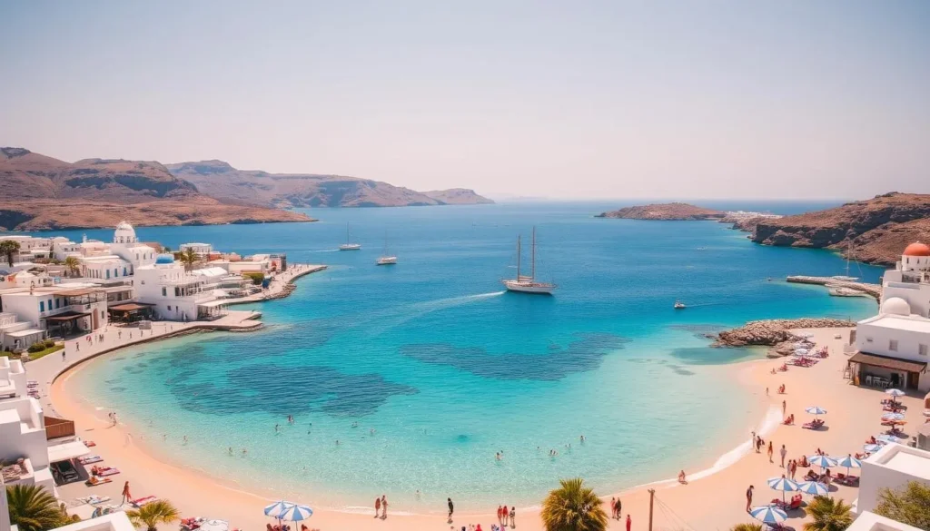 A breathtaking seaside vista in Mykonos, Greece. Pristine, sun-kissed beaches dotted with white-washed buildings and vibrant umbrellas. Crystal-clear turquoise waters gently lapping at the shore, reflecting the bright Mediterranean sky. In the foreground, people leisurely sunbathing and swimming, capturing the carefree essence of this idyllic island. The middle ground features a picturesque harbor with bobbing sailboats and traditional fishing boats. In the background, rugged hills and cliffs frame the scene, creating a stunning natural backdrop. Warm, golden sunlight bathes the entire landscape, evoking a sense of tranquility and relaxation. This image perfectly captures the quintessential beauty and charm of Mykonos' renowned beaches.