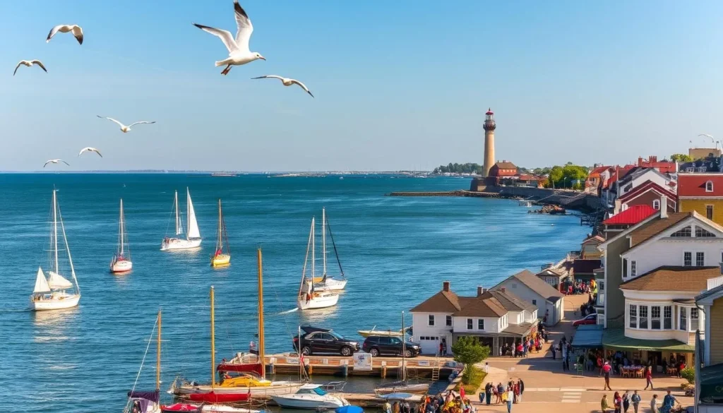 A breathtaking seaside vista of New London, Connecticut. In the foreground, a picturesque harbor dotted with colorful sailboats gently rocking on the calm waters. Quaint historic buildings line the coast, their charming architecture and pastel hues reflecting in the glimmering waves. Seagulls soar overhead, their cries carried on a gentle sea breeze. In the middle ground, a bustling promenade filled with people strolling, dining at seaside cafes, and browsing local shops. In the distance, the silhouette of the iconic New London Ledge Lighthouse stands tall against a clear azure sky, its beacon casting a warm glow over the scene. An idyllic, quintessential coastal New England tableau, brimming with tranquility and timeless allure. A breathtaking seaside vista of New London, Connecticut. In the foreground, a picturesque harbor dotted with colorful sailboats gently rocking on the calm waters. Quaint historic buildings line the coast, their charming architecture and pastel hues reflecting in the glimmering waves. Seagulls soar overhead, their cries carried on a gentle sea breeze. In the middle ground, a bustling promenade filled with people strolling, dining at seaside cafes, and browsing local shops. In the distance, the silhouette of the iconic New London Ledge Lighthouse stands tall against a clear azure sky, its beacon casting a warm glow over the scene. An idyllic, quintessential coastal New England tableau, brimming with tranquility and timeless allure.