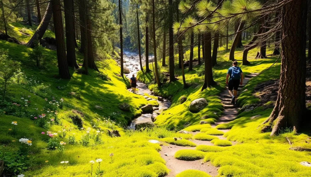 A breathtaking spring hiking trail winds through a lush, verdant landscape. The path meanders between towering pine trees, their branches casting dappled shadows on the mossy ground below. Vibrant wildflowers dot the forest floor, their petals swaying gently in the soft breeze. Sunlight filters through the canopy, casting a warm, golden glow over the scene. In the distance, a crystal-clear stream babbles over smooth rocks, its gentle murmur adding to the tranquil ambiance. Hikers ascend the trail, their steps light and energetic, as they take in the serene beauty of this picturesque South Lake Tahoe spring landscape. A breathtaking spring hiking trail winds through a lush, verdant landscape. The path meanders between towering pine trees, their branches casting dappled shadows on the mossy ground below. Vibrant wildflowers dot the forest floor, their petals swaying gently in the soft breeze. Sunlight filters through the canopy, casting a warm, golden glow over the scene. In the distance, a crystal-clear stream babbles over smooth rocks, its gentle murmur adding to the tranquil ambiance. Hikers ascend the trail, their steps light and energetic, as they take in the serene beauty of this picturesque South Lake Tahoe spring landscape.