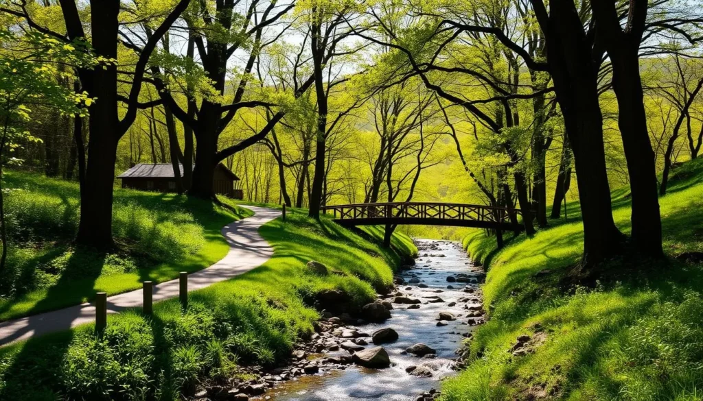 A breathtaking spring trail winding through lush, verdant foliage. The path meanders gently, flanked by towering, sun-dappled trees casting dappled shadows. In the foreground, a babbling brook cuts through the landscape, its crystal-clear waters reflecting the vibrant greens and blues of the surrounding scenery. The middle ground features a picturesque wooden bridge arching over the stream, inviting the viewer to explore further. The background showcases distant rolling hills, their slopes blanketed in a tapestry of fresh spring growth. Soft, warm lighting filters through the canopy, creating a tranquil, serene atmosphere that evokes a sense of peaceful contemplation.