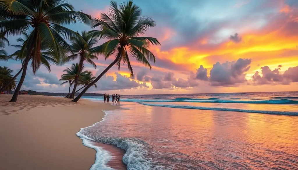 A breathtaking sunset over the pristine sands of Grand Anse Beach, Grenada. In the foreground, gentle waves lap at the shore, reflecting the warm hues of the sky. Palm trees sway gently in the breeze, their fronds casting long shadows across the golden sand. In the middle ground, beachgoers stroll along the water's edge, enjoying the last moments of the day. The background is dominated by a stunning sky, ablaze with shades of orange, pink, and purple, creating a truly breathtaking scene. The lighting is soft and diffused, creating a serene and peaceful atmosphere. Capture the essence of this idyllic Caribbean beach setting with a wide-angle lens to showcase the stunning natural beauty of Grand Anse.