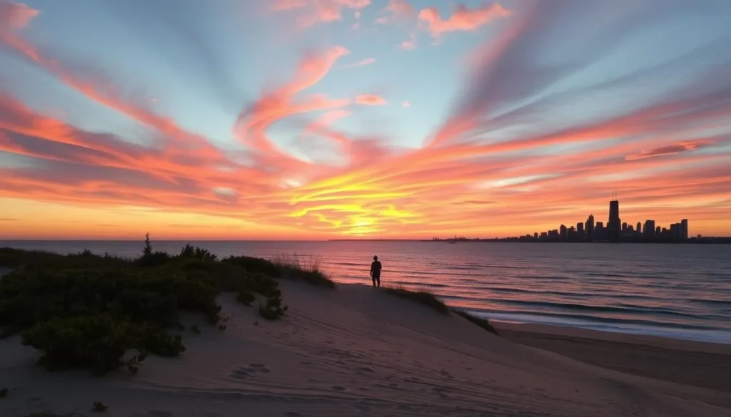 A breathtaking sunset over the serene waters of Lake Michigan, as viewed from the Indiana Dunes State Park. The sky is ablaze with a vibrant palette of oranges, reds, and pinks, reflecting off the gently lapping waves. In the foreground, the sandy dunes gently slope down to the water's edge, dotted with lush, verdant vegetation. The middle ground features a lone silhouette of a solitary beachgoer, gazing out at the stunning display of nature's beauty. The background showcases the iconic Chicago skyline, its skyscrapers standing tall and proud against the colorful, fading light. Crisp, clean lighting and a wide-angle lens capture the serene, tranquil atmosphere of this breathtaking Lake Michigan sunset.