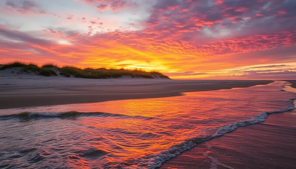 A breathtaking sunset view over the pristine shores of Plum Island, Massachusetts. In the foreground, the soft, golden light reflects on the gently lapping waves, creating a mesmerizing dance of light and water. The middle ground features the island's iconic dunes, their gentle slopes adorned with vibrant grasses swaying in the evening breeze. In the background, the sky erupts in a breathtaking display of warm hues - deep oranges, vivid pinks, and rich purples, all mirrored in the tranquil waters below. Capture the serene, peaceful atmosphere of this picturesque coastal scene, bathed in the natural beauty of a Plum Island sunset.