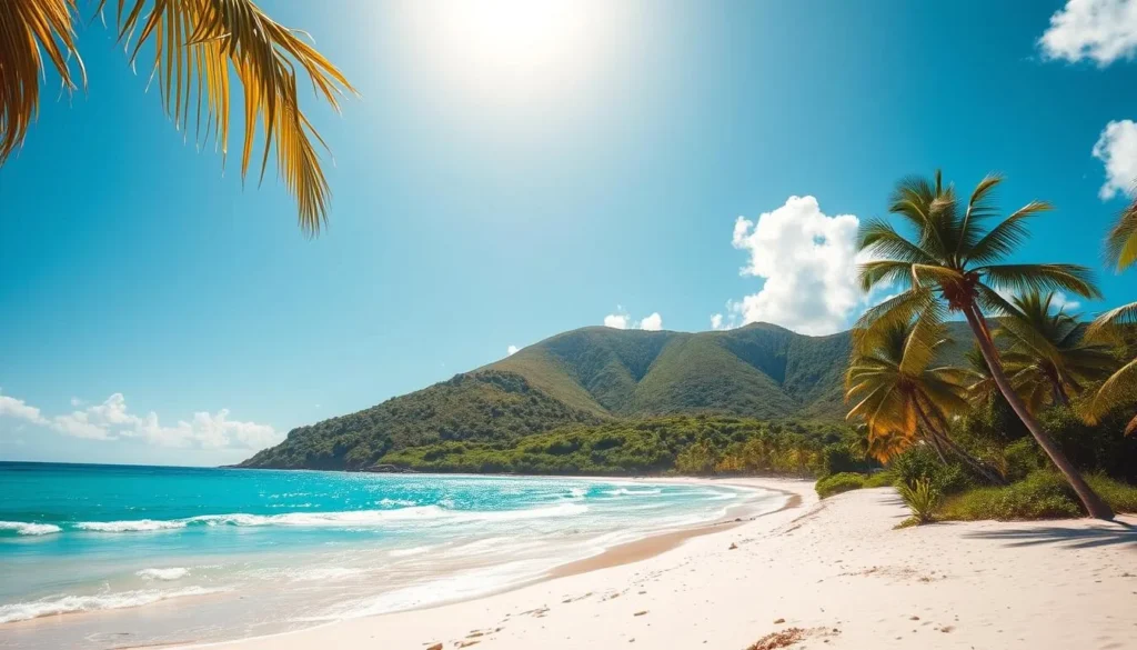 A breathtaking tropical paradise, Anguilla Island lies nestled in the azure waters of the Caribbean. In the foreground, a pristine white-sand beach stretches along the shoreline, dotted with swaying palm trees casting gentle shadows. The middle ground features lush, verdant hills rolling gently inland, their slopes blanketed in a vibrant tapestry of verdant foliage. In the background, a cloudless, cerulean sky arches overhead, the sun's warm rays painting the scene in a golden glow. Crystalline turquoise waves lap softly against the shore, creating a soothing, meditative ambiance. Capture the essence of this idyllic tropical oasis, with a cinematic, wide-angle lens that showcases the breathtaking natural beauty and tranquil charm of Anguilla Island.